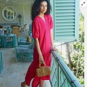 Lake Pajamas Womens‎ Caftan Dress Fuchsia Pink Cotton Gauze V-Neck  M  comfort